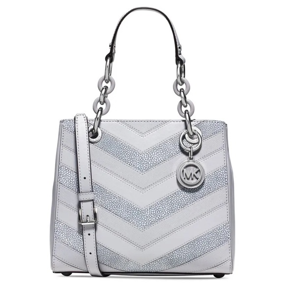 Michael Kors cynthia  satchel chevron patches dove silver bag tote - Picture 1 of 13